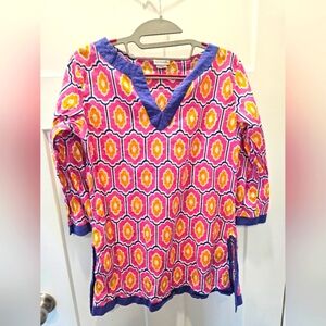 All For Color Tunic Top Small Pink Yellow Geometric Cotton V-Neck 3/4 Sleeve